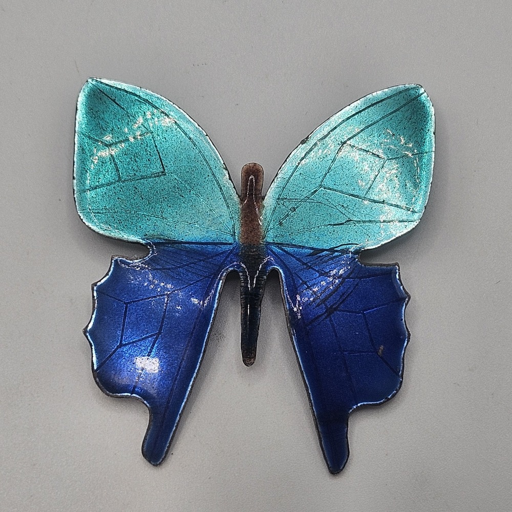 Large Sterling Silver Enamel Butterfly Brooch Pin Blue Green